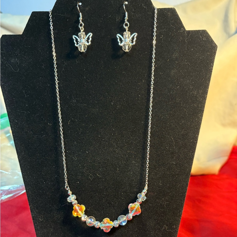Silver Crystal Angel Necklace and Earring Set
